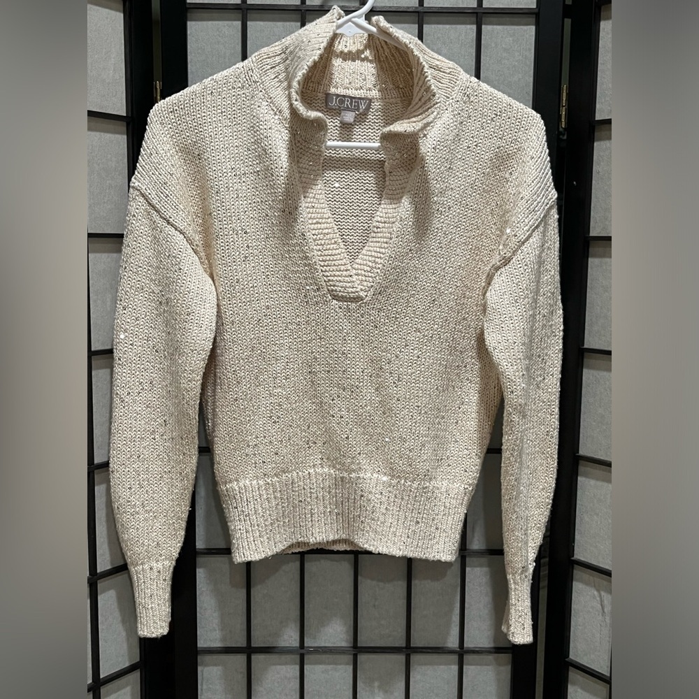 J. Crew SEQUINS Cream Textured V-Neck POLO Pullover Sweater WOMEN SIZE XXS
